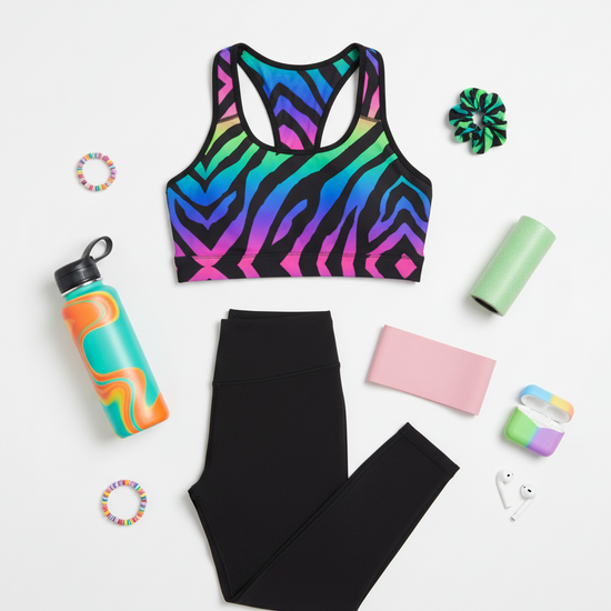 Colorful zebra print sports bra and black leggings with fitness accessories on a white background