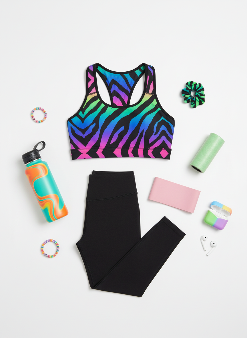Colorful zebra print sports bra and black leggings with fitness accessories on a white background
