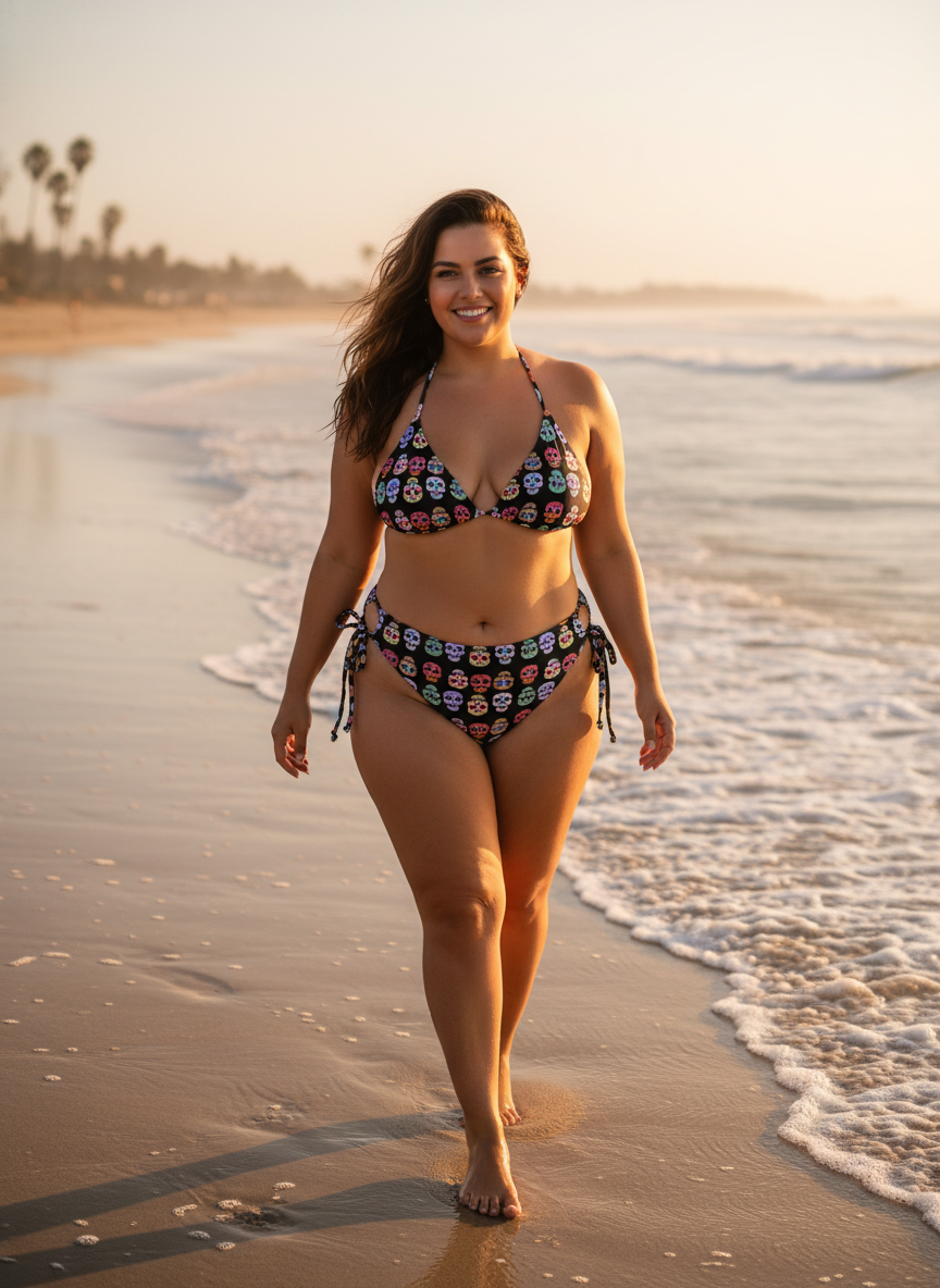Woman in a floral bikini walking on a beach at sunset