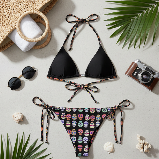 Black triangle bikini with colorful skull pattern bottom, sunglasses, camera, and palm leaves on a light gray background