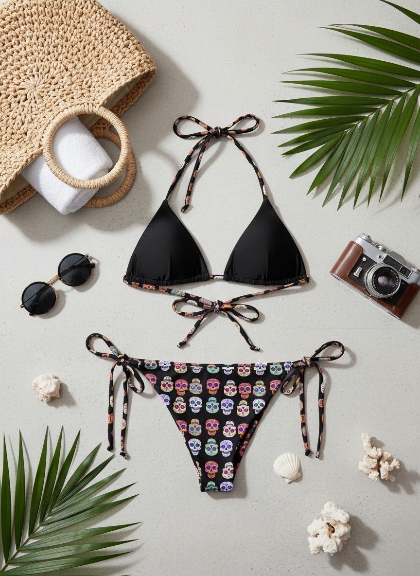 Black triangle bikini with colorful skull pattern bottom, sunglasses, camera, and palm leaves on a light gray background