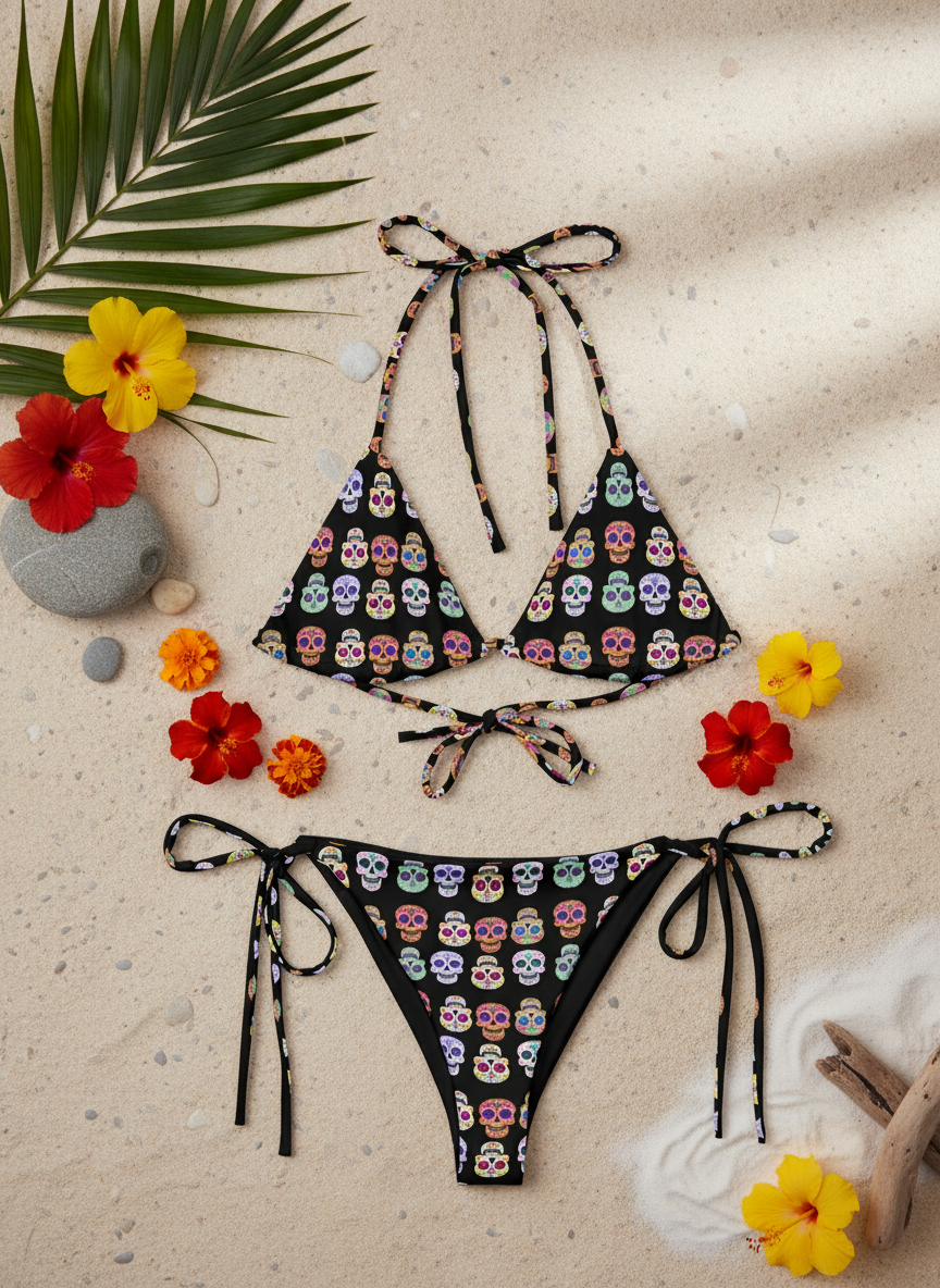 Colorful skull-patterned bikini set on a sandy background with flowers and leaves.