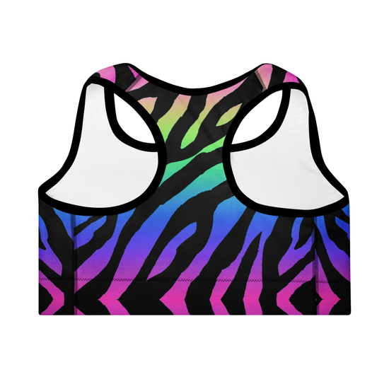 Colorful zebra pattern sports bra on a white background