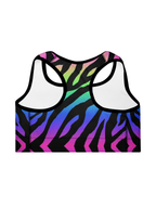 Colorful zebra pattern sports bra on a white background