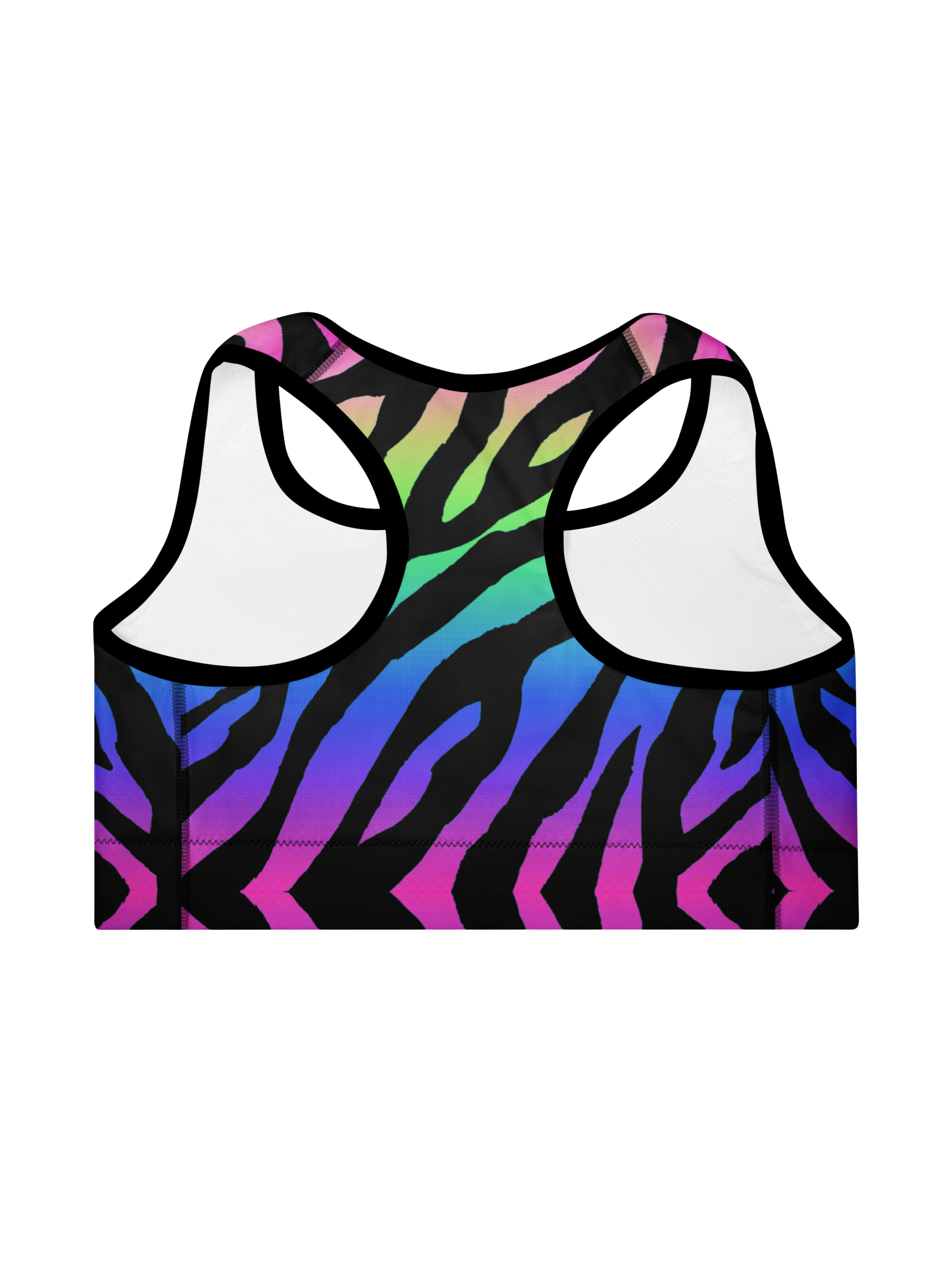 Colorful zebra pattern sports bra on a white background