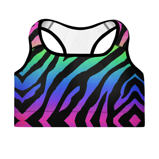 Multicolored zebra pattern sports bra on a white background