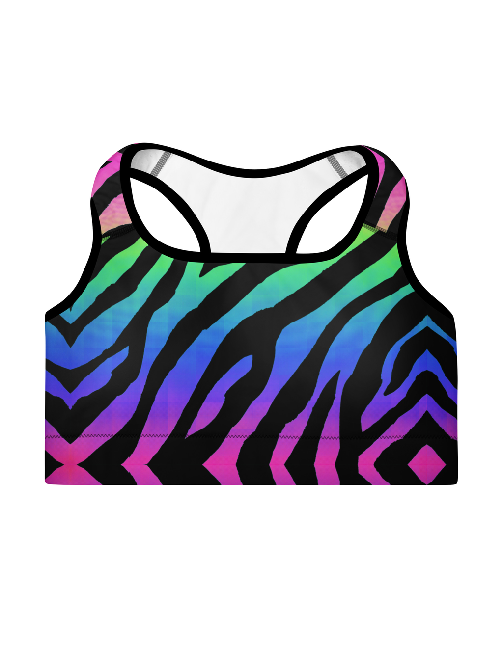 Multicolored zebra pattern sports bra on a white background