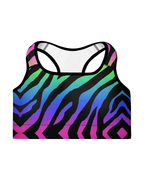 Multicolored zebra pattern sports bra on a white background