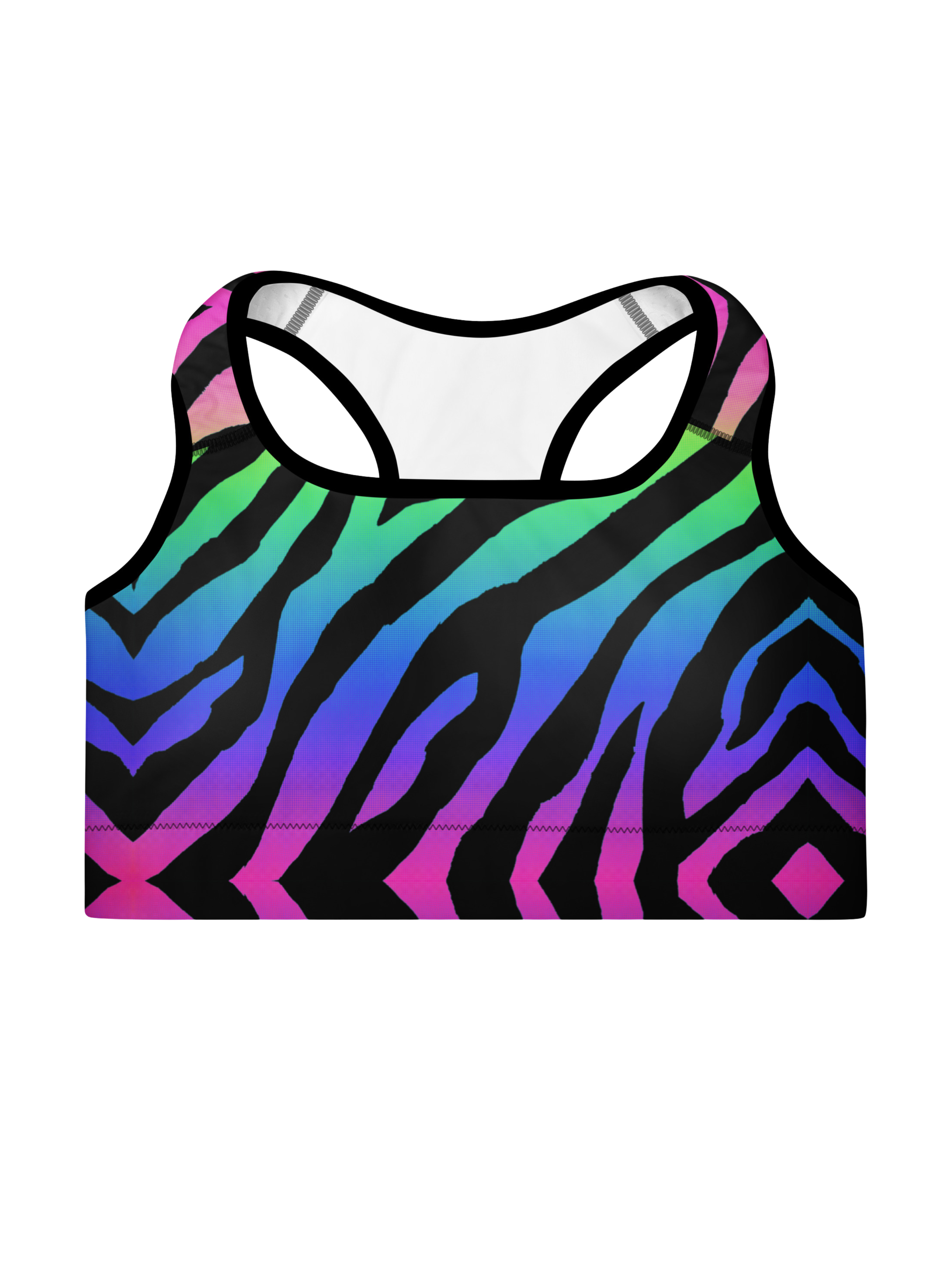 Multicolored zebra pattern sports bra on a white background