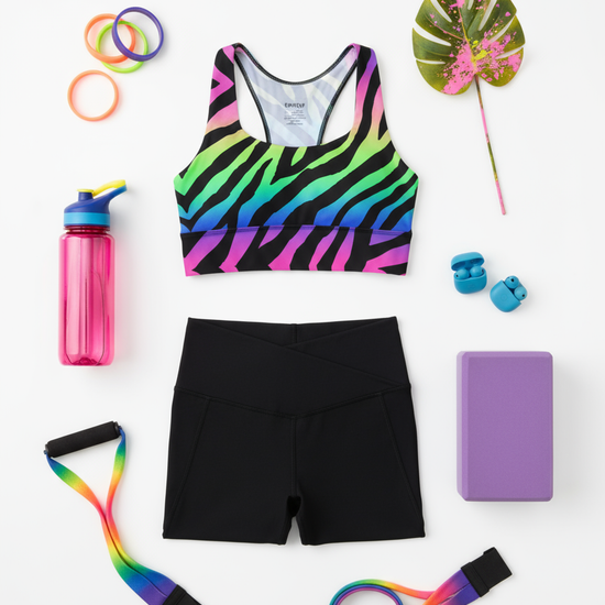 Colorful sports bra and shorts with fitness accessories on a white background