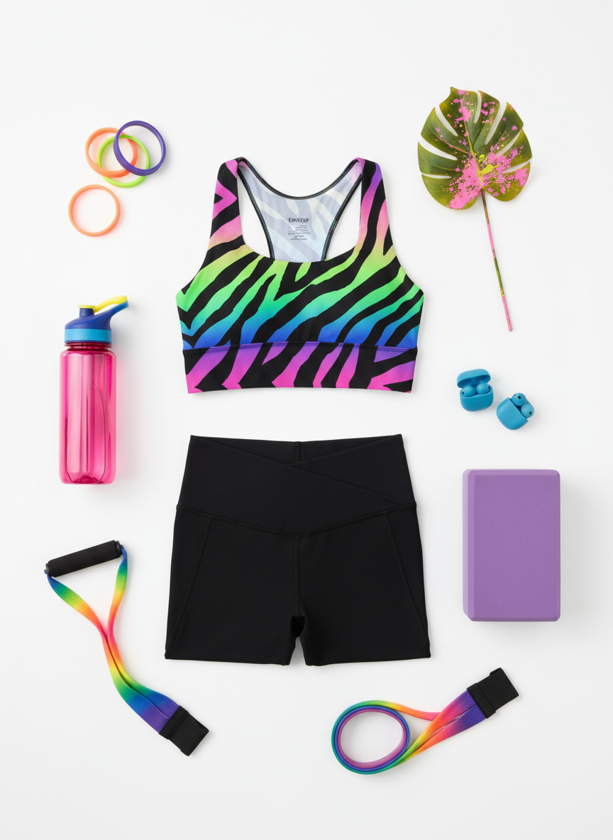 Colorful sports bra and shorts with fitness accessories on a white background