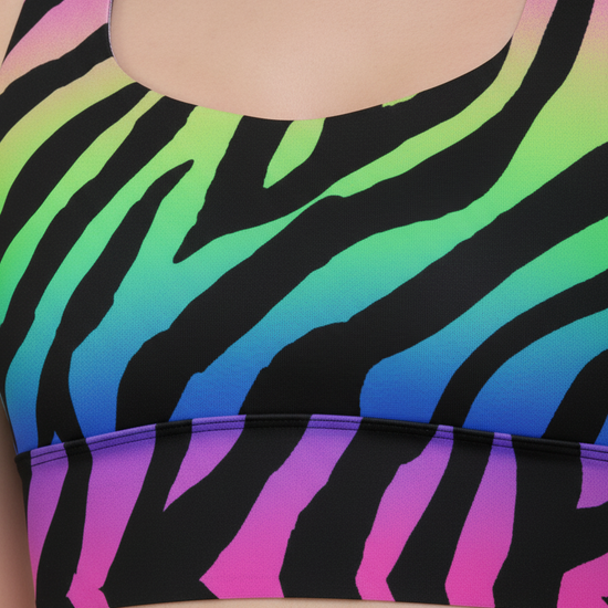 Multicolored zebra pattern sports bra on a person