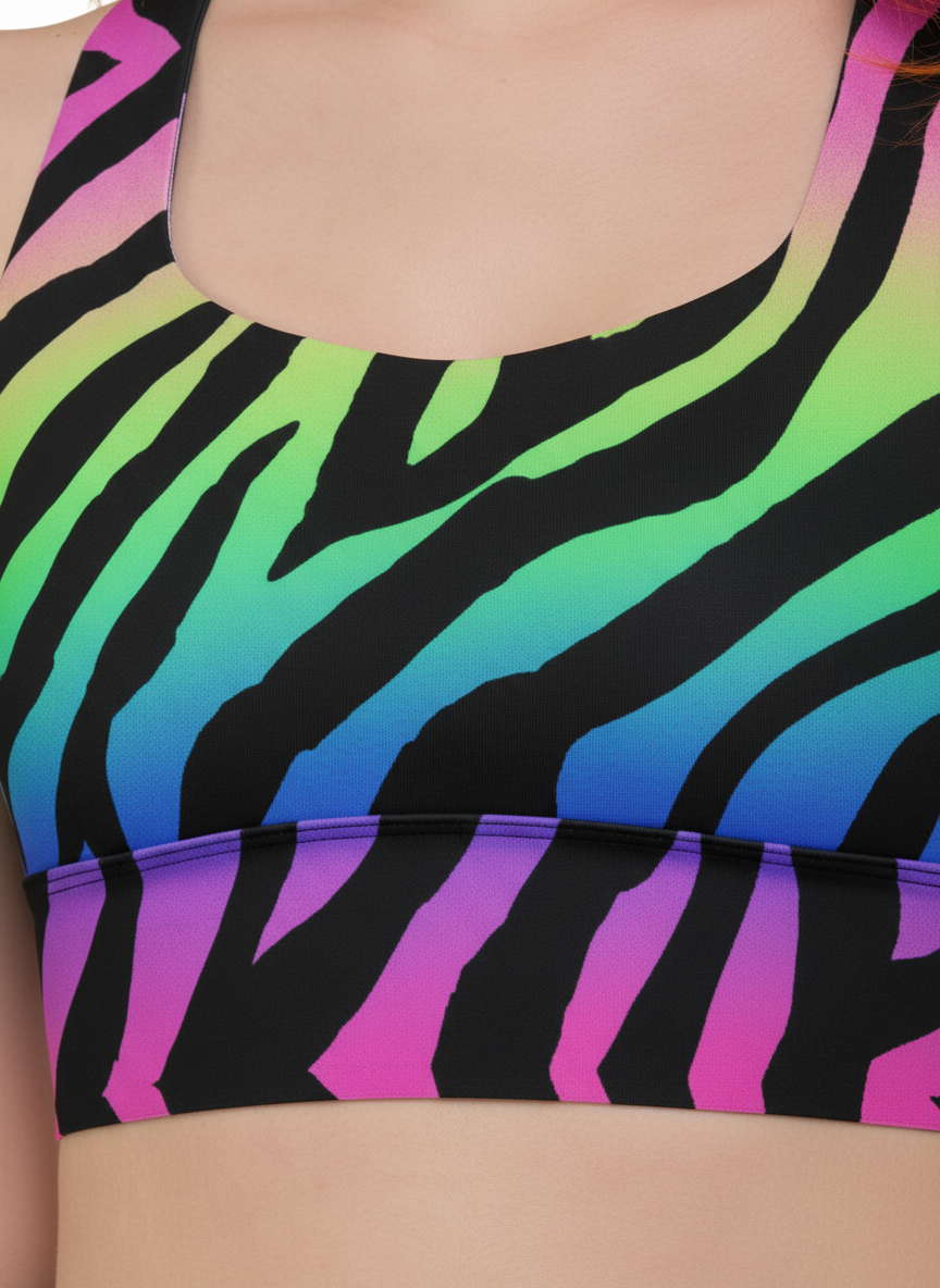 Multicolored zebra pattern sports bra on a person