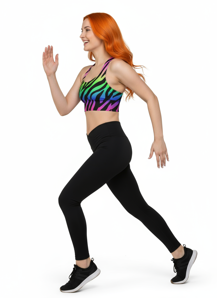 Woman wearing a colorful zebra print sports bra and black leggings on a white background