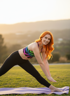 Woman practicing yoga outdoors on a grassy field with a scenic background