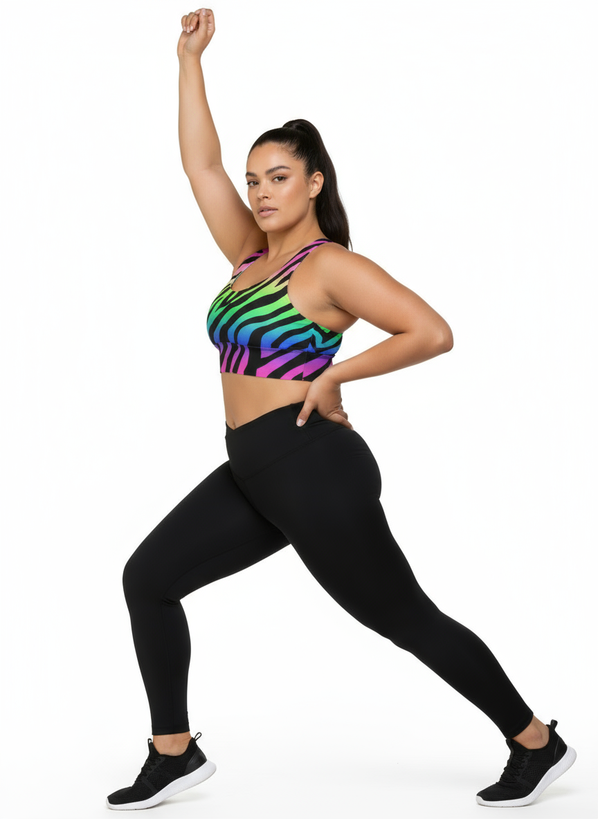 Woman wearing a colorful zebra print sports bra and black leggings on a white background