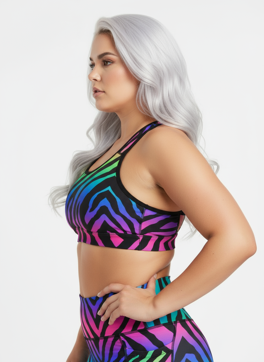 Woman wearing a colorful zebra print sports bra against a white background