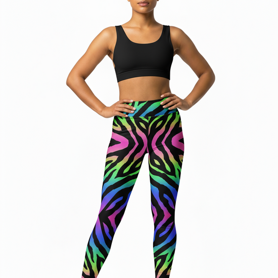 Multicolored zebra pattern leggings worn by a person on a white background