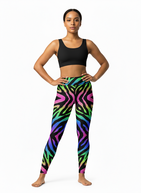 Multicolored zebra pattern leggings worn by a person on a white background