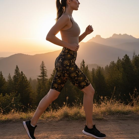 Woman running on a trail with mountains and sunset in the background
