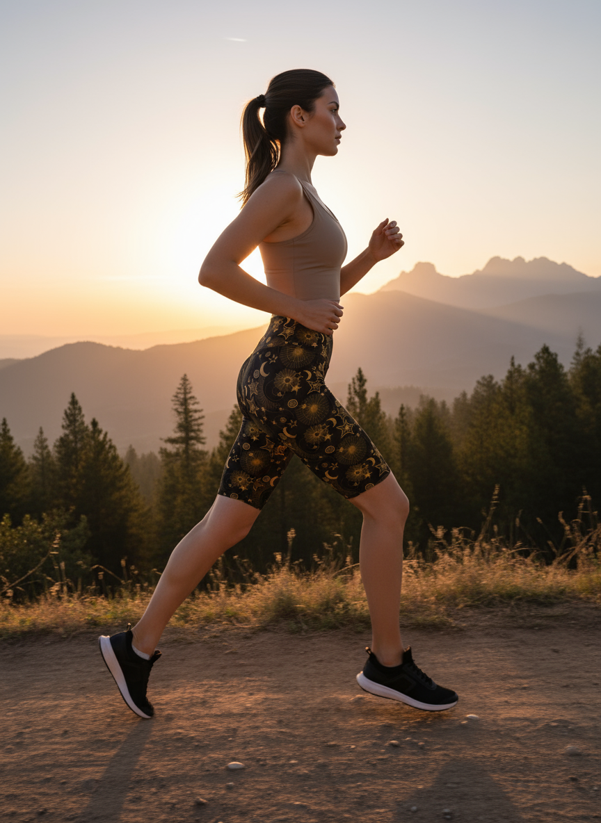 Woman running on a trail with mountains and sunset in the background