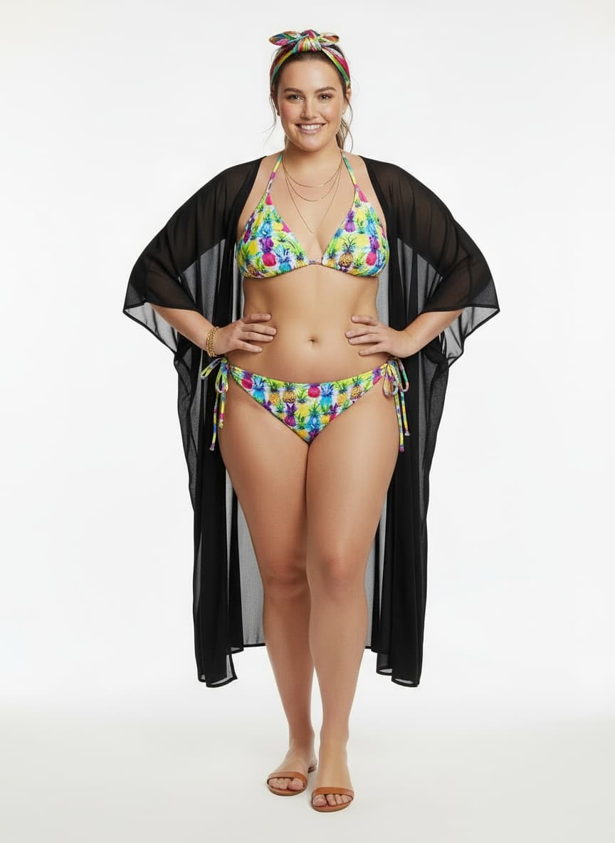 Woman wearing a colorful bikini with a black cover-up on a white background
