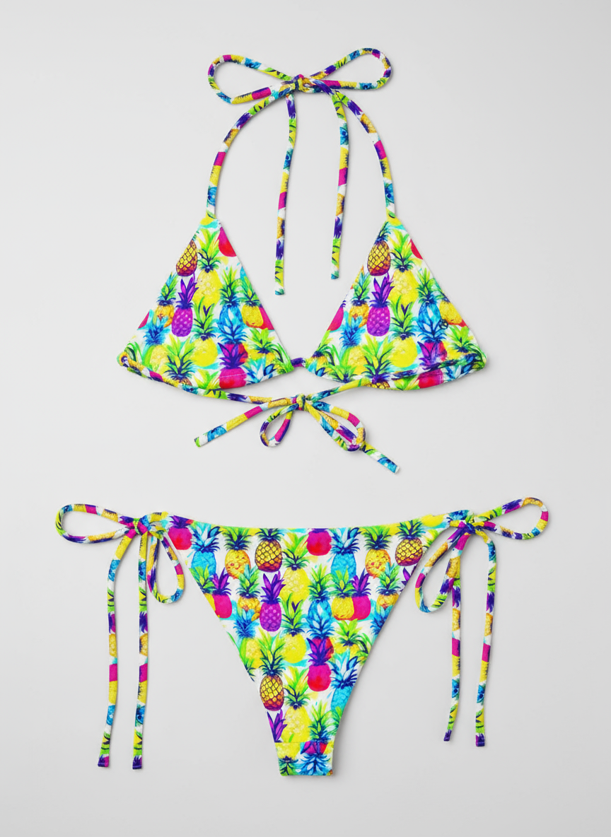 Back, flat-lay view of bright yellow, pink, purple and blue coloured Tropic Like It's Hot String bikini, by Pixie and Sherbet.