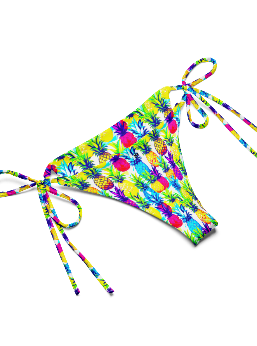 Bottom-half, flat-lay view of bright yellow, pink, purple and blue coloured Tropic Like It's Hot String bikini.