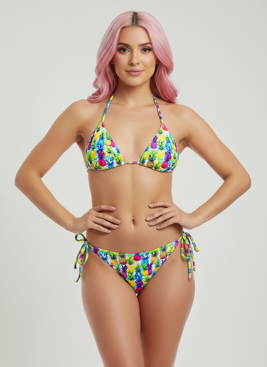 Model wearing Pixie & Sherbet ‘Tropic Like It’s Hot’ recycled string bikini with pineapple print, halter triangle top and tie‑side bottoms.