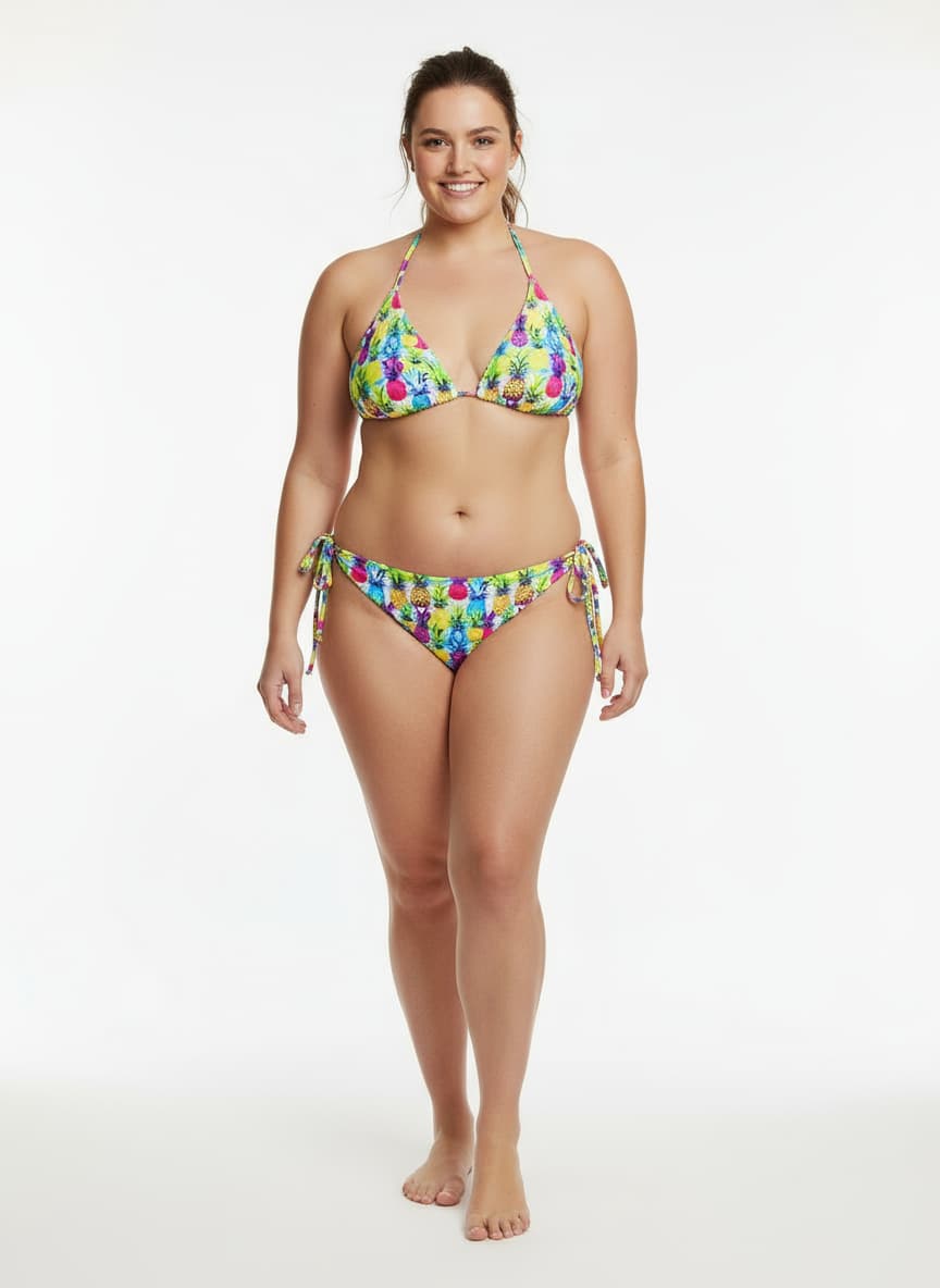 Woman wearing a colorful floral bikini on a white background