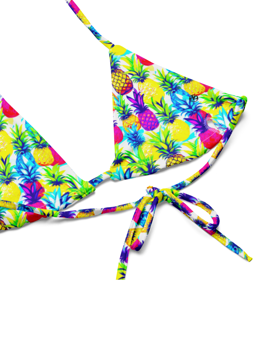 Top-half, flat-lay view of bright yellow, pink, purple and blue coloured Tropic Like It's Hot String bikini, by Pixie and Sherbet.