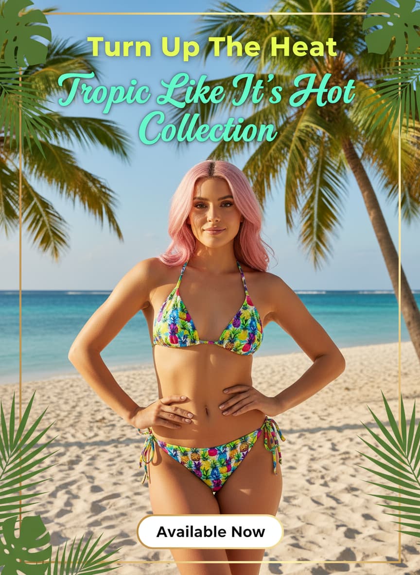 Woman in a colorful bikini standing on a beach with palm trees and text 'Turn Up The Heat Tropic Like It's Hot Collection'.