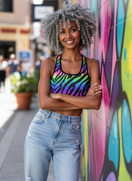 Woman wearing a colorful zebra print top and jeans standing against a vibrant mural.