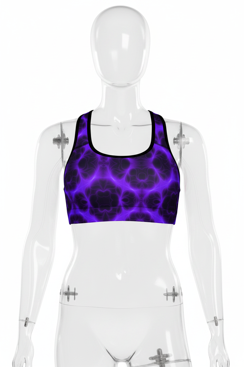 A women's racerback tank top featuring a vibrant purple and black abstract cellular or fluid pattern, displayed on a clean white background. 