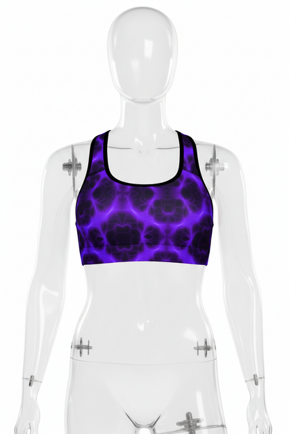 A women's racerback tank top featuring a vibrant purple and black abstract cellular or fluid pattern, displayed on a clean white background. 