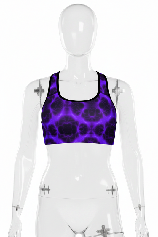 A women's racerback tank top featuring a vibrant purple and black abstract cellular or fluid pattern, displayed on a clean white background. 