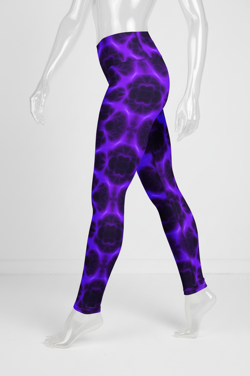 A mannequin modeling high-waisted leggings with a purple and black cellular or bubble-like pattern, shown from the waist down against a plain white background.
