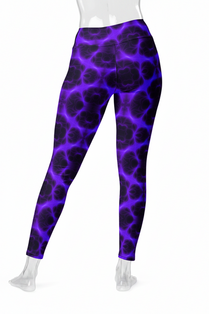 A mannequin modeling high-waisted leggings with a purple and black abstract organic pattern, shown from the back against a plain white background.