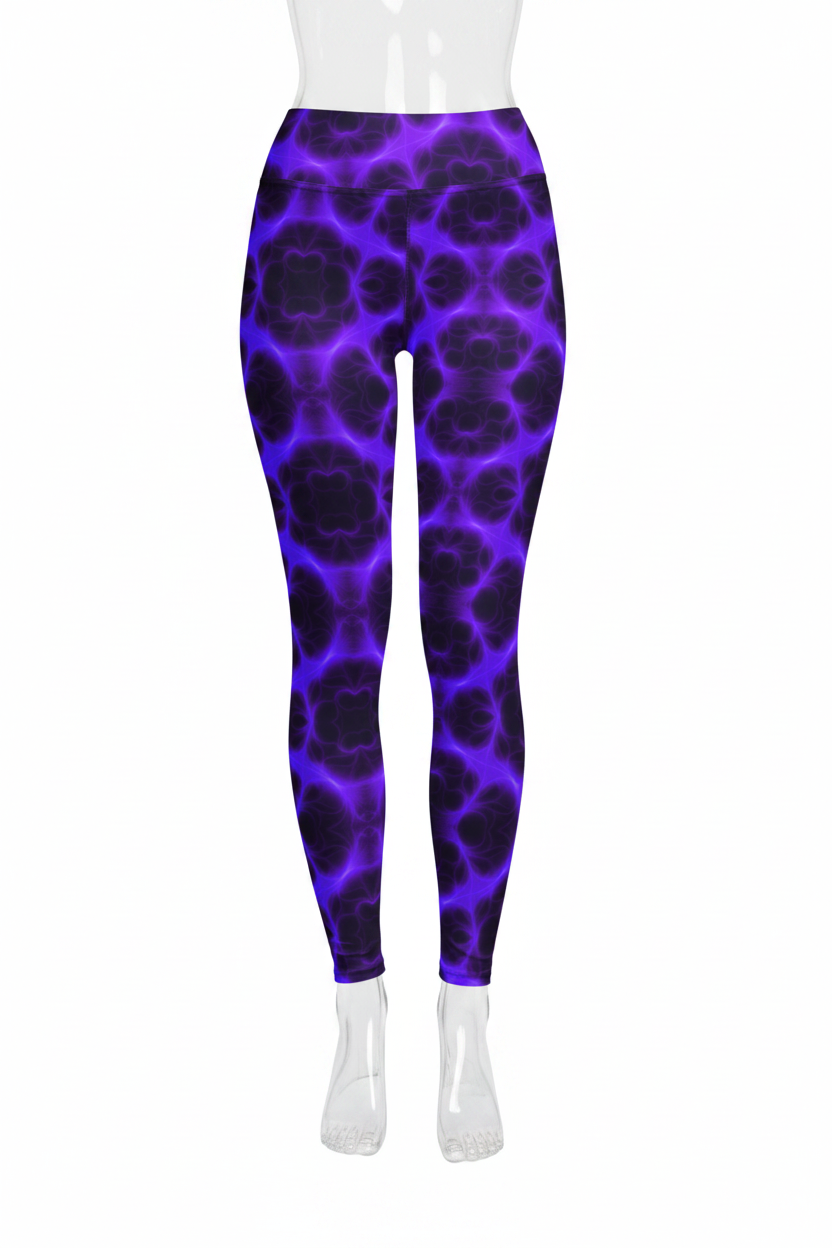 A mannequin wearing high-waisted leggings with a vibrant purple and black abstract organic pattern, shown against a plain white background.