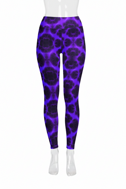 A mannequin wearing high-waisted leggings with a vibrant purple and black abstract organic pattern, shown against a plain white background.