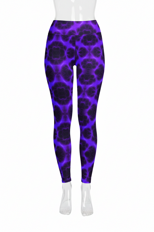 A mannequin wearing high-waisted leggings with a vibrant purple and black abstract organic pattern, shown against a plain white background.