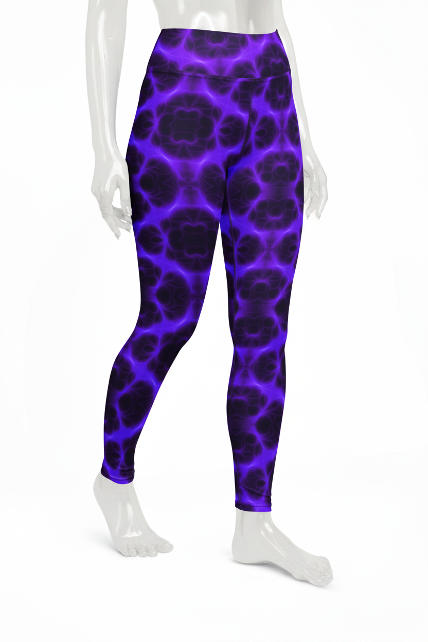 Purple and black glowing cellular pattern leggings shown on a model from the waist down against a plain white background. 