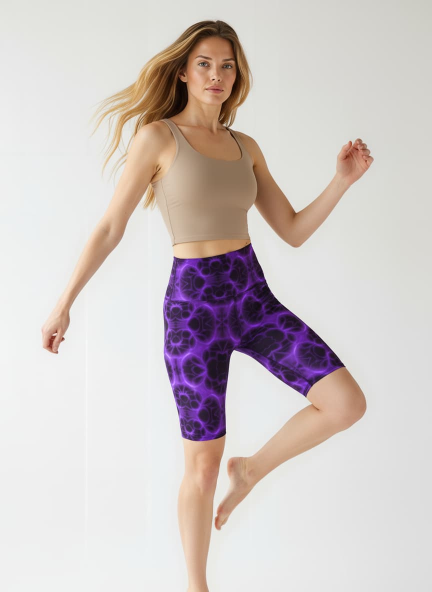 Woman wearing a beige sports bra and purple leopard print shorts on a white background