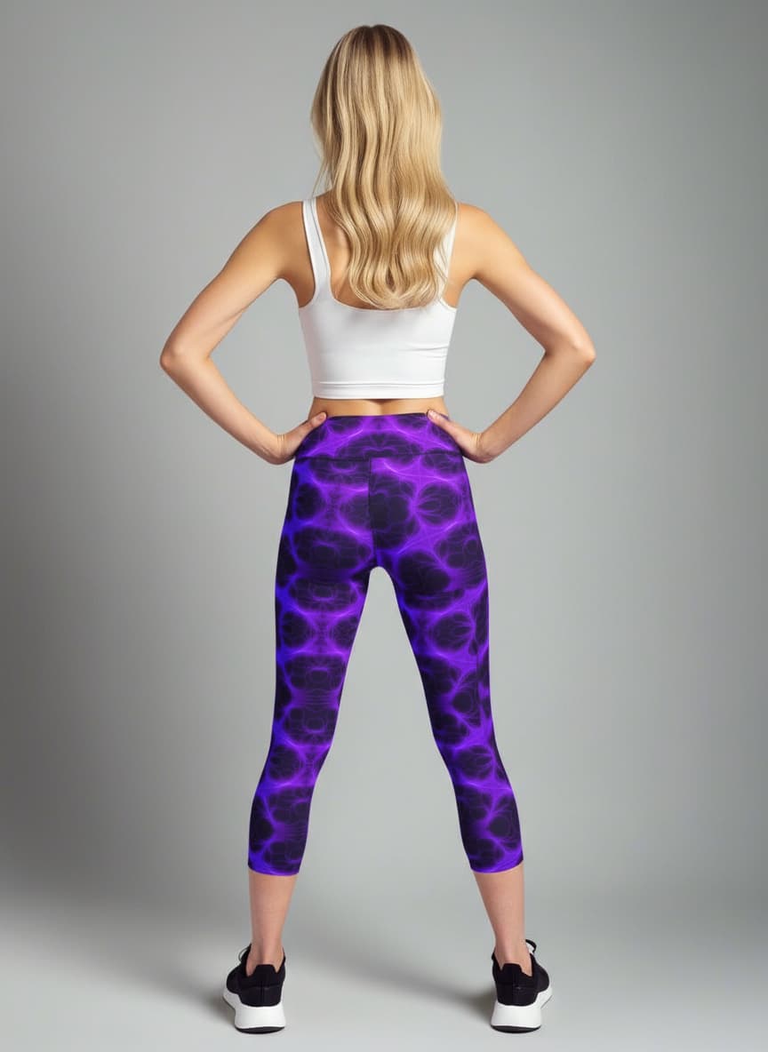 Person wearing a white sports bra and purple patterned leggings on a gray background