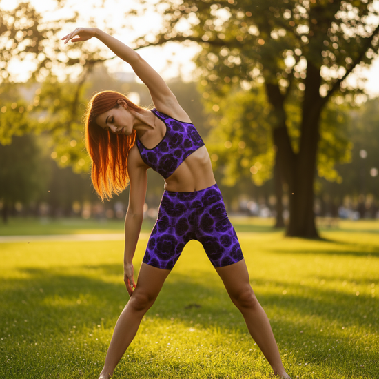 Woman in purple athletic wear stretching in a park with trees and grass.