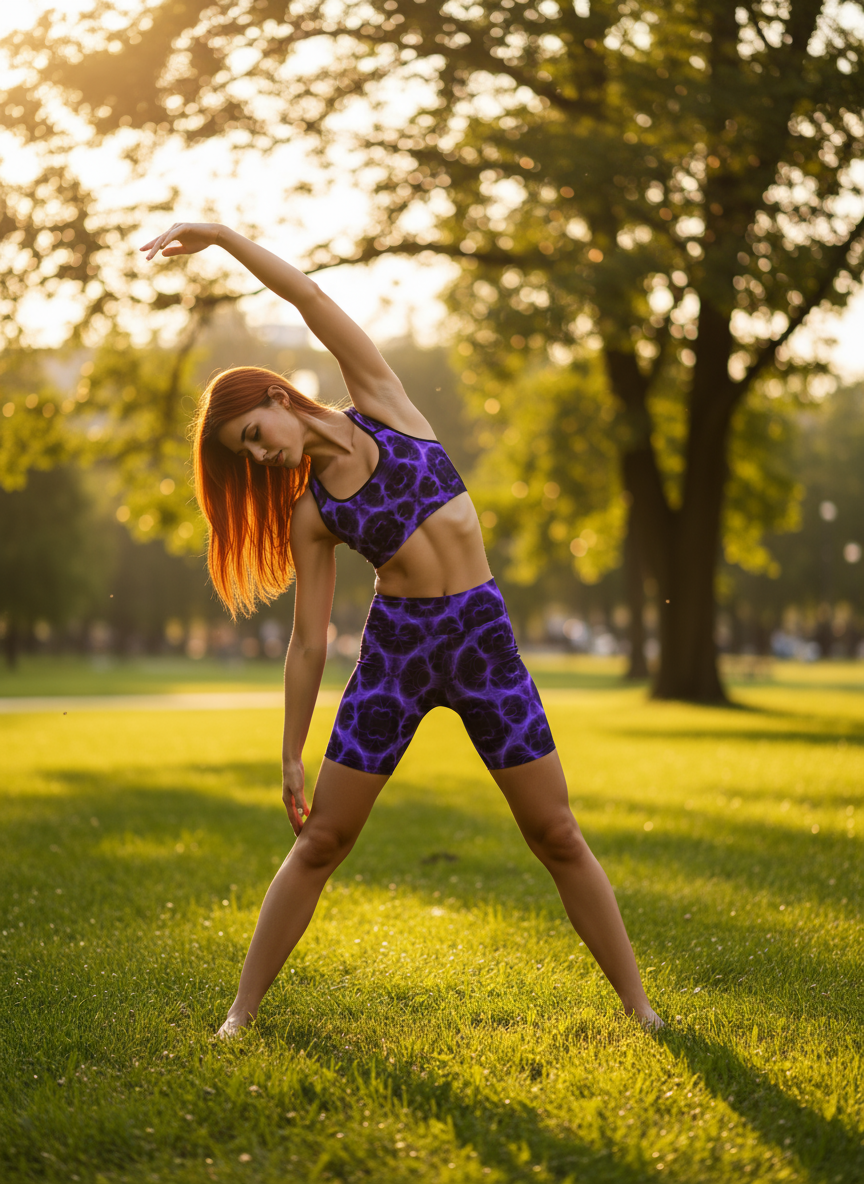 Woman in purple athletic wear stretching in a park with trees and grass.