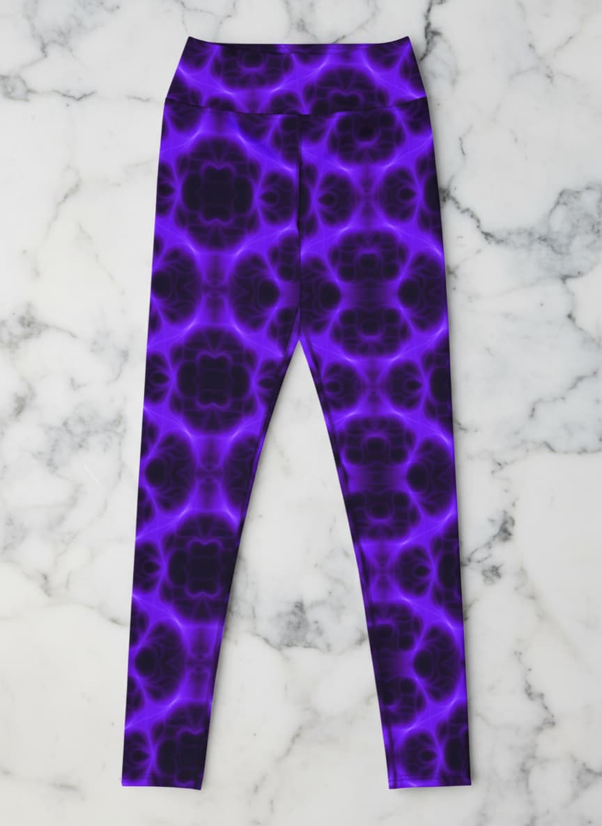 Purple patterned leggings on a marble surface