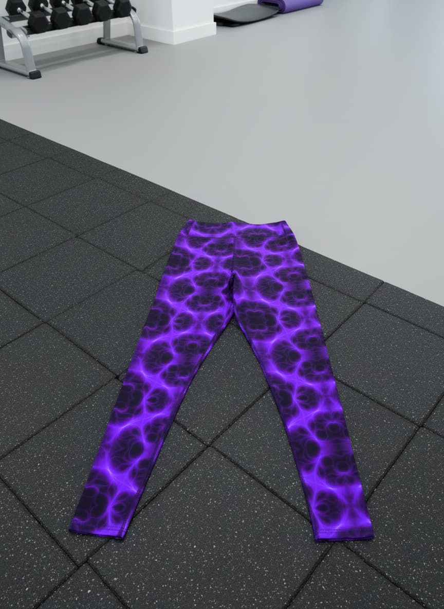 Purple leggings with a black pattern on a tiled floor in a gym setting