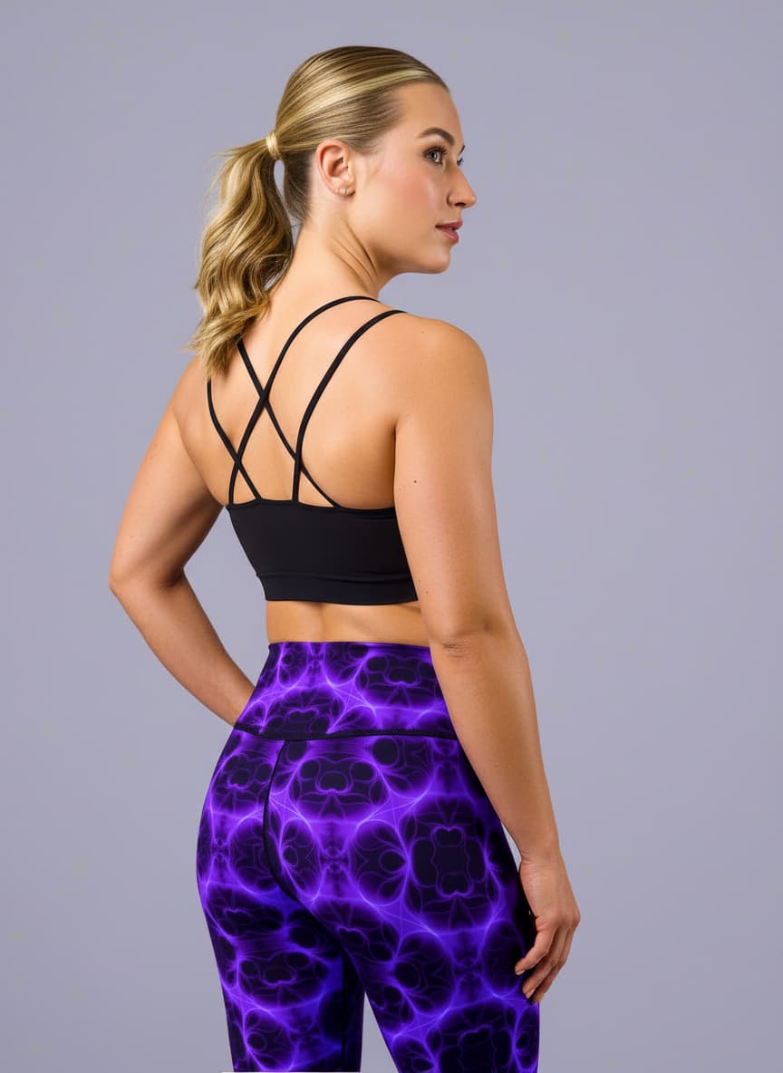 Woman wearing a black sports bra and purple leopard print leggings on a gray background