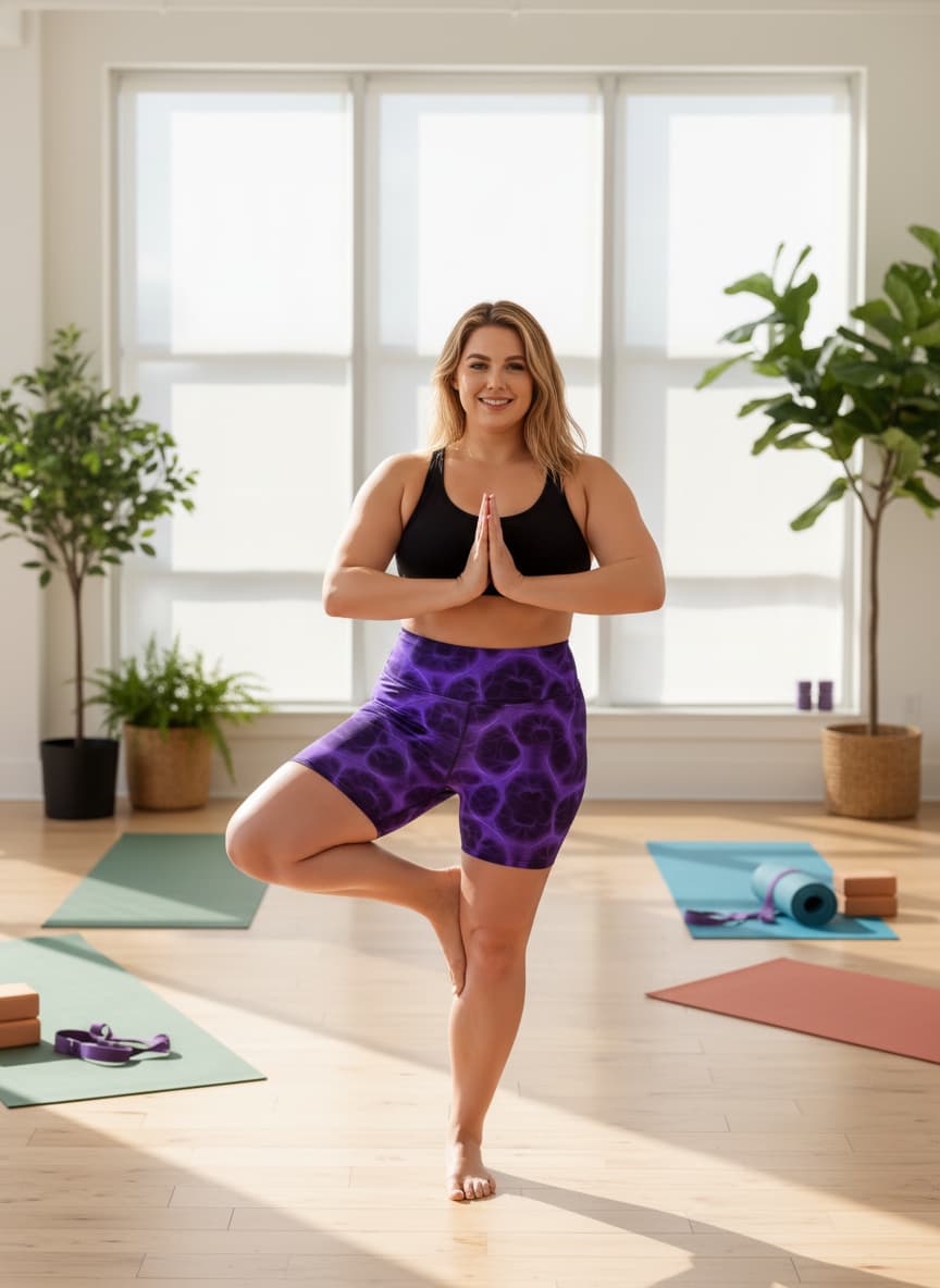 Woman practicing yoga in a bright room with large windows and plants.